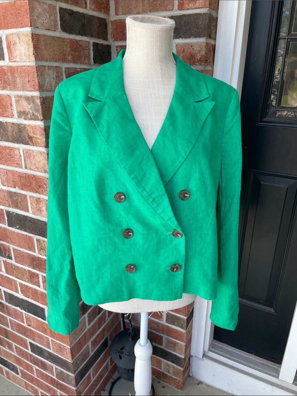 Talbots Linen Cropped Green Double Button Lined Blazer Sz 16
